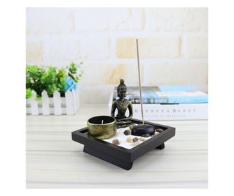 Set Decorativ cu Statuie Buddha, Suport Lumanari Bete Parfumate, Nisip, Pietre Decorative si Suport din Lemn, 12.5 x 12.5 x 3 cm