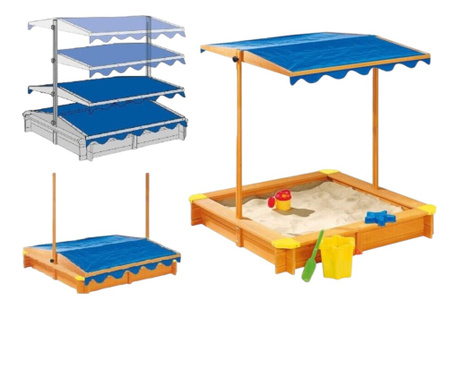 Pisicină de nisip pentru copii din lemn, cu dimensiunile 117x117 cm, cu acoperiș reglabil, rezistent la apă și cu acoperiș anti-