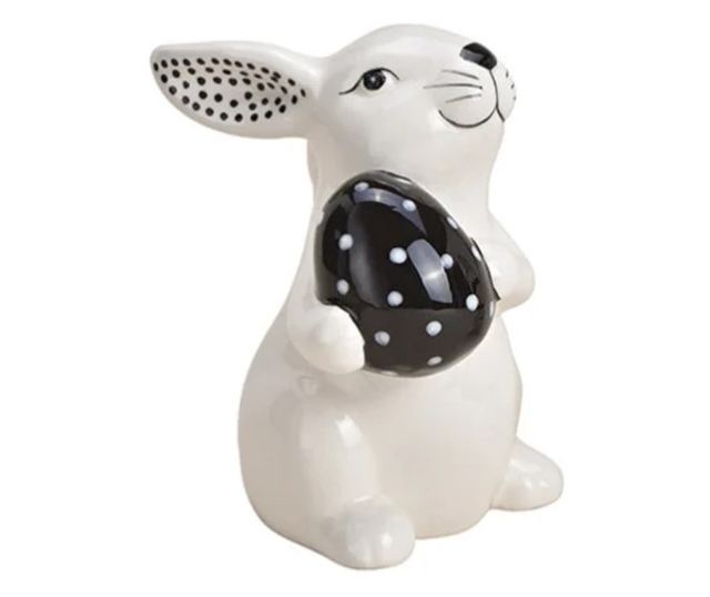 Figurina ceramica iepuras cu ou, alb/negru, 9x14x11 cm