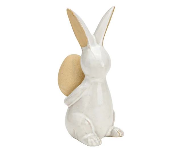 Figurina ceramica iepuras cu ou, crem, 6x16x8 cm