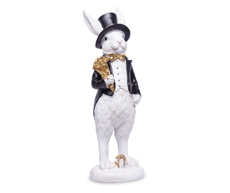 Figurina iepurasi in costum, alb/negru/auriu, 30,5x9,5x10 cm