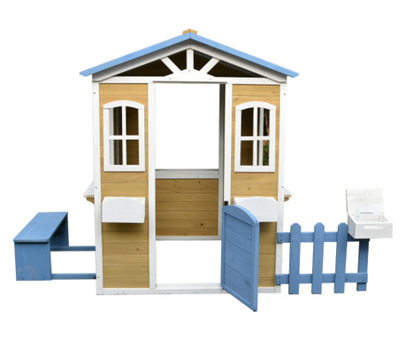 Casă de joacă pentru copii din lemn, în alb și albastru, pentru curte și grădină, cu dimensiunile 205 x 119 x 140 cm.