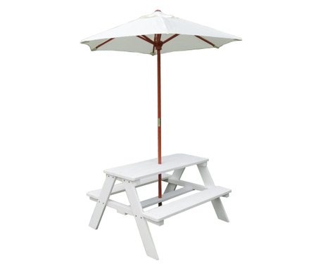 Set de grădină cu masă și bănci pentru picnic pentru copii, cu umbrelă anti-UV 30+, din lemn, pentru jocuri în aer liber - WHITE