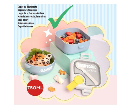 Caserola pentru copii eMazing, lunch box, 750 ml, doua boluri, lingura, foarfeca din plastic, rezistenta la scurgeri, Albastra