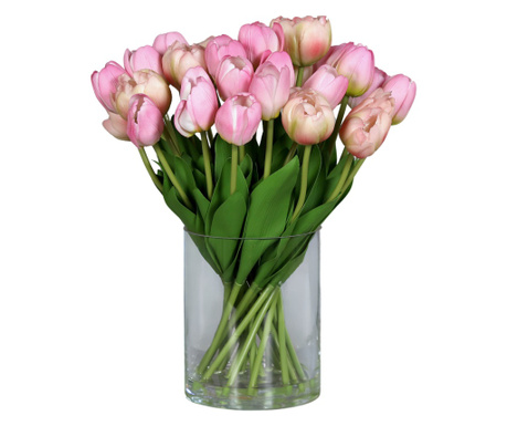 Aranjament premium cu 28 lalele artificiale roz in vas de sticla, inaltime 36 cm