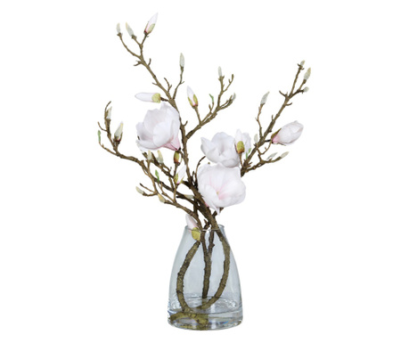 Aranjament premium cu magnolii artificiale albe in vas de sticla, inaltime 50 cm