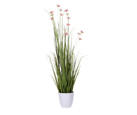 Aranjament cu flori de camp roz si iarba artificiale in ghiveci plastic 90 cm