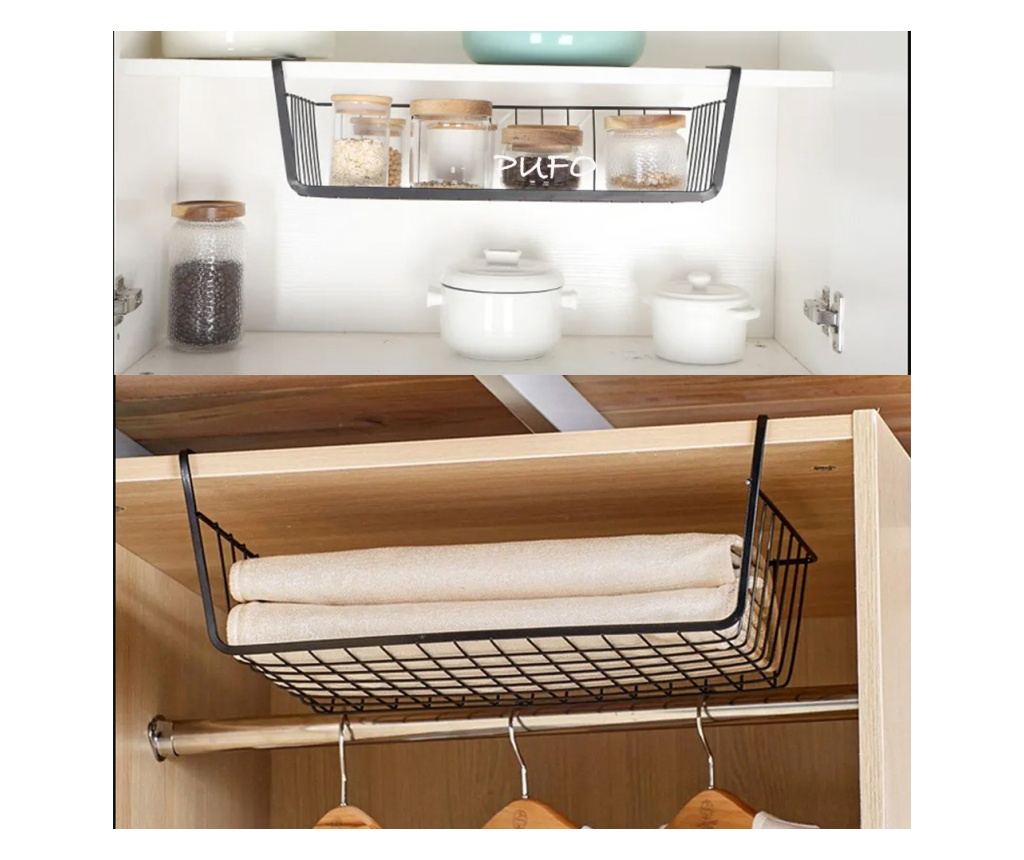 Suport metalic tip cos pentru depozitare sub raft Pufo pentru casa si bucatarie, multifunctional, 47 x 25 cm, negru - 2