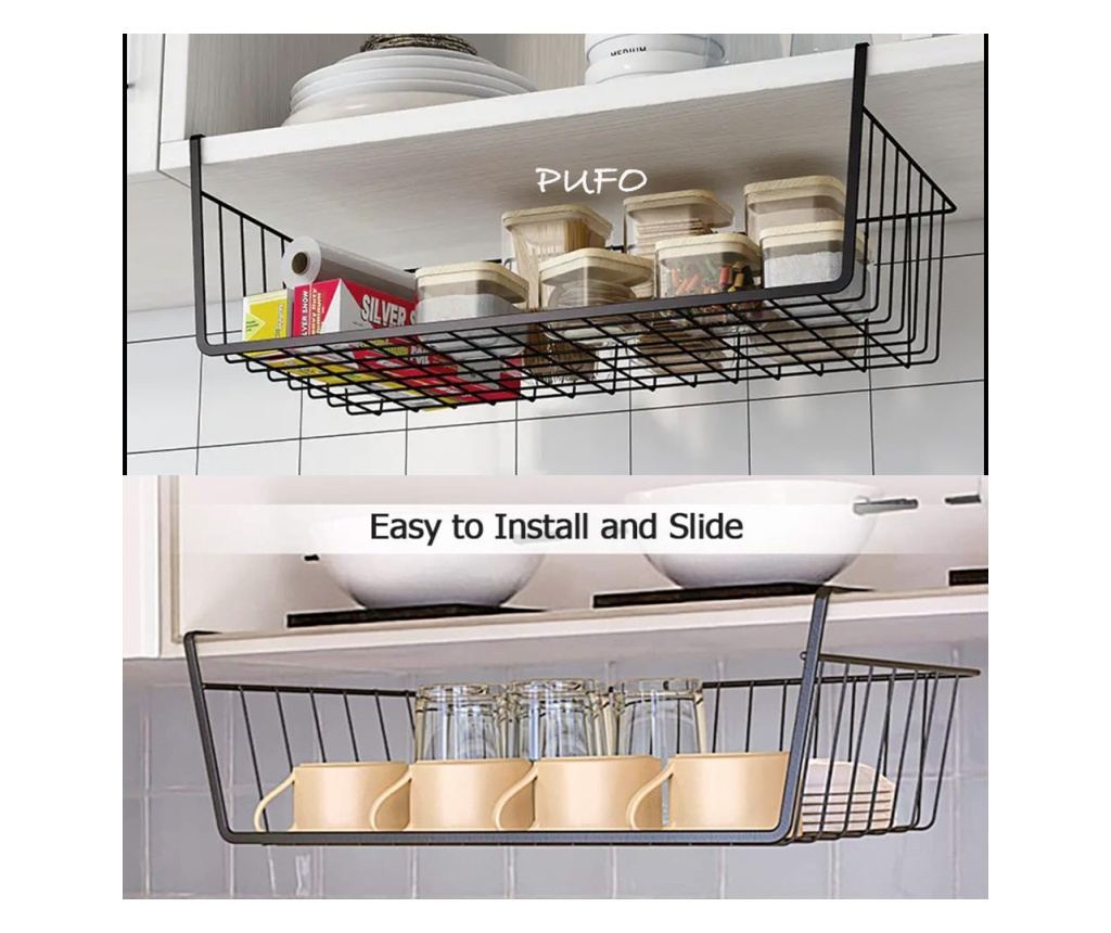 Suport metalic tip cos pentru depozitare sub raft Pufo pentru casa si bucatarie, multifunctional, 47 x 25 cm, negru - 3