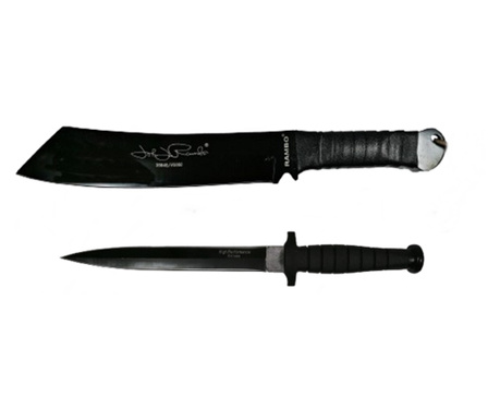 Комплект ловен нож Rambo Machete Double Edge, IdeallStore®, неръждаема стомана, черен