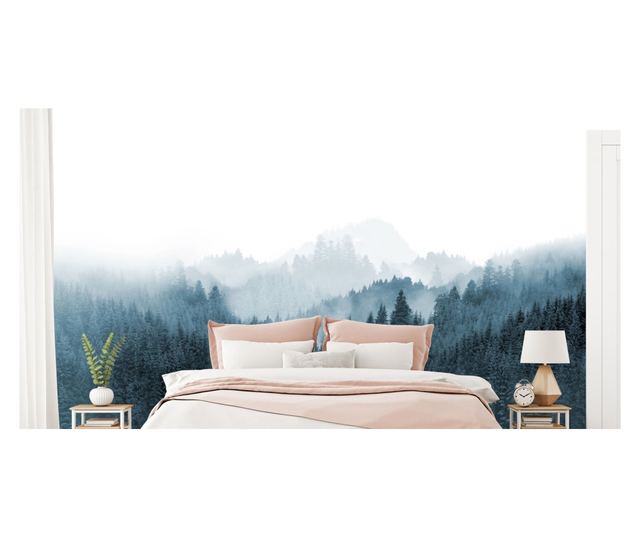 Muralo Fotótapéta hegyi táj, ködös erdő natúr stílusú dekoráció nappaliba és hálószobába 180x120cm