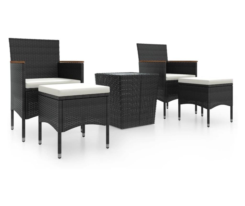 Комплект градински мебели, 5 части, черен, полиратан/обработено стъкло - 2