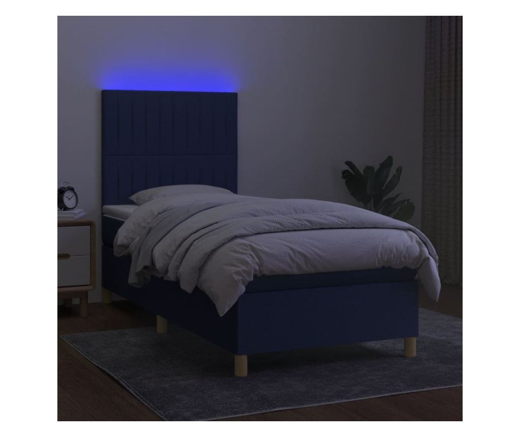 Krevet s oprugama, madracem i LED rasvjetom, plavi, 90x190 cm, tekstil - 4