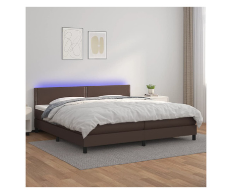 Легло с пружини, матрак и LED, кафяво, 200х200см, еко кожа