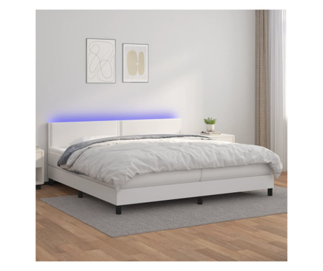 Пружинно легло, матрак и LED, бяло, 200х200 см, еко кожа