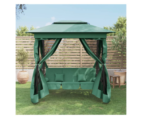 Pavilion de grădină & balansoar convertibil verde textil & oțel