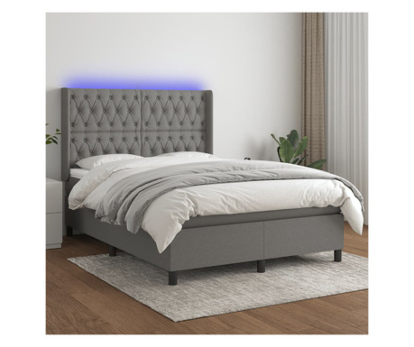 Пружинно легло, матрак и LED, тъмно сиво, 140х190 см, текстил