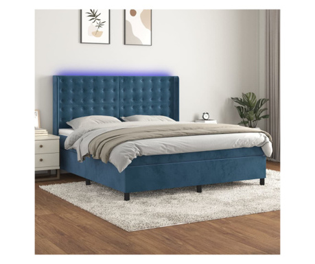 Пружинно легло, матрак и LED, морско синьо, 160х200 см, кадифе