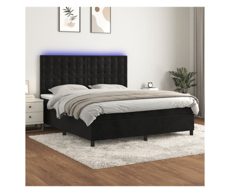 Пружинно легло, матрак и LED, черно, 160х200 см, кадифе