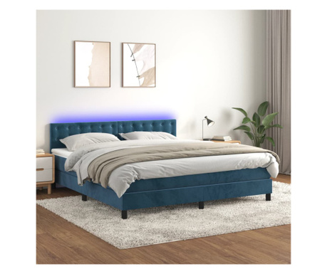 Пружинно легло, матрак и LED, тъмно синьо, 180х200 см, кадифе
