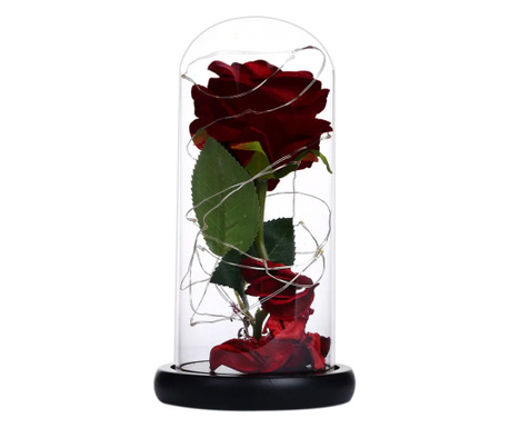 Trandafir in cupola de sticla Pufo Sparkle Rose, decorat cu lumini LED, 21 cm, visiniu
