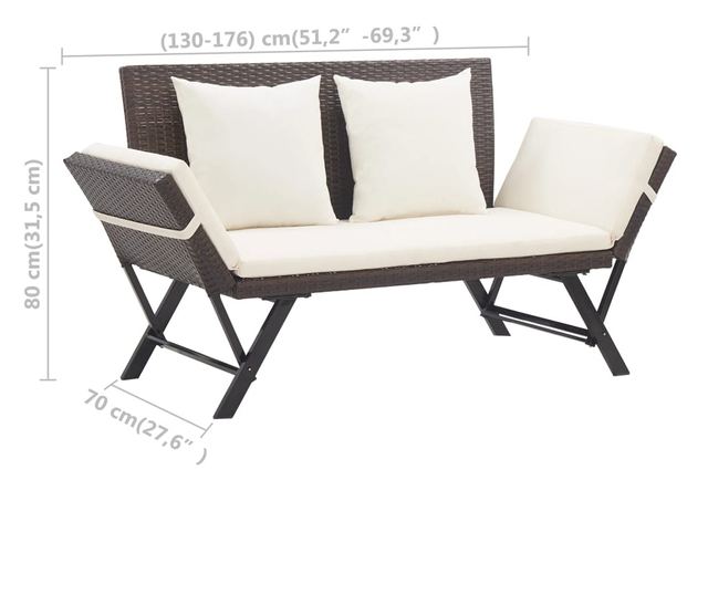 Градинска пейка с възглавници, кафява, 176 см, полиратан