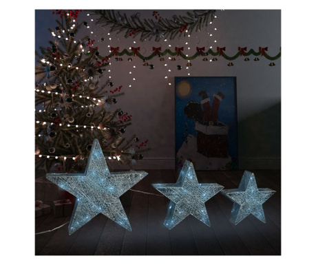 Decor Crăciun stele 3 buc. plasă argintie LED exterior/interior