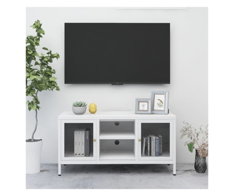 Dulap TV, alb, 105x35x52 cm, oțel și sticlă