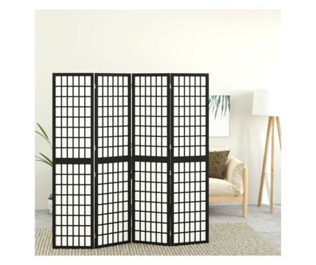 Skládací paraván se 4 panely, japonský styl, černý, 160x170 cm