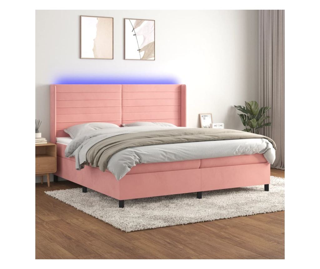 Box spring postel s matrací a LED růžová 200x200 cm samet - 3