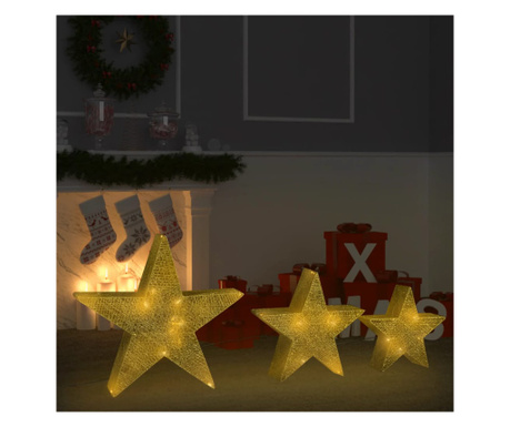 Decor Crăciun stele 3 buc. plasă aurie & LED exterior/interior