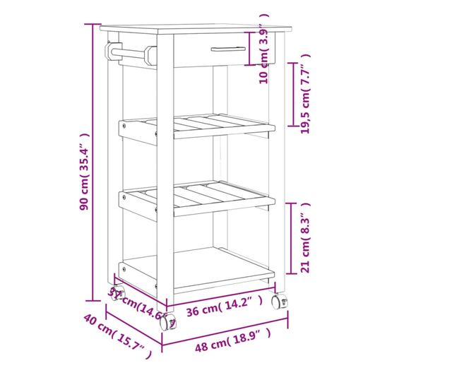 MONZA tömör fenyőfa konyhai kocsi 48 x 40 x 90 cm