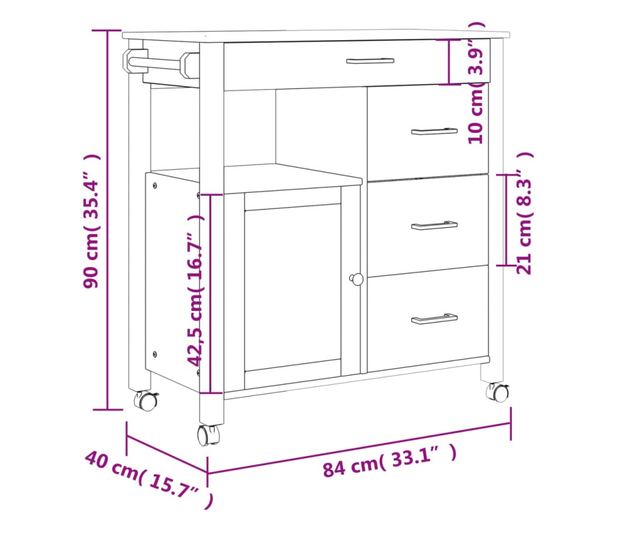 MONZA tömör fenyőfa konyhai kocsi 84 x 40 x 90 cm