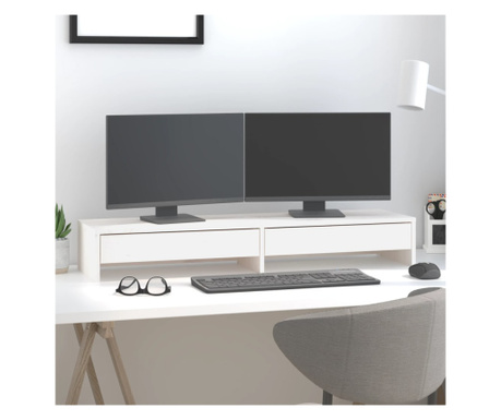 Suport pentru monitor, alb, 100x27x15 cm, lemn masiv pin
