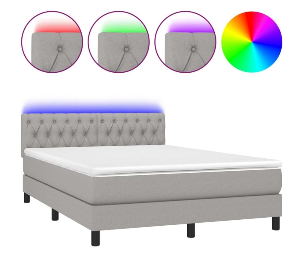 Okvir za krevet s madracem i LED rasvjetom, Svjetlosiva, 140x190 cm, Tekstil - 2