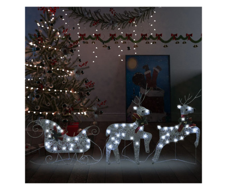 Decor de Crăciun cu reni și sanie, 60 LED-uri argintiu exterior