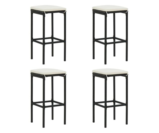 Barski stoli z blazinami, 4 kosi, črni, PE ratan