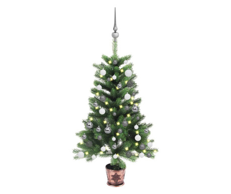 Brad Crăciun pre-iluminat artificial, set globuri, verde, 65 cm