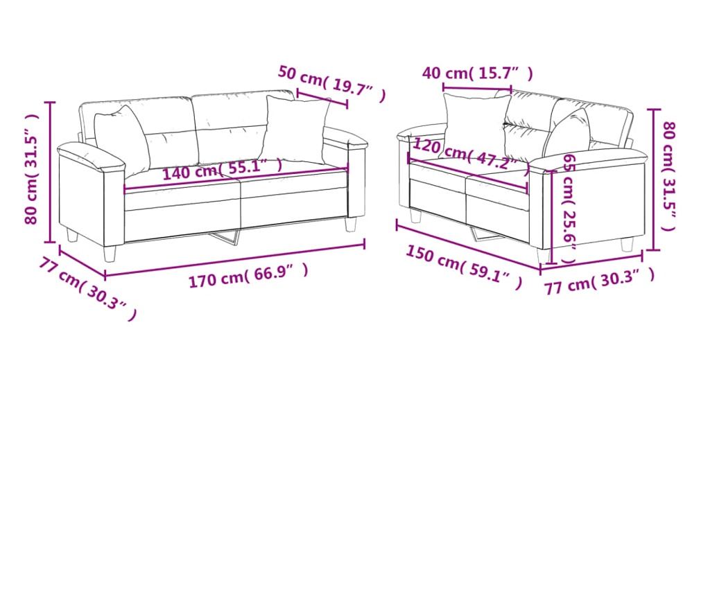 Комплект дивани с възглавници, 2 броя, светло сиво, микрофибър - 15