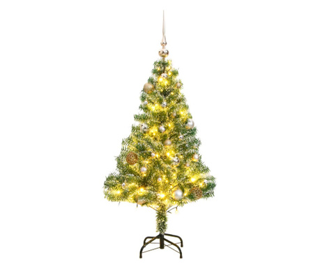 Brad Crăciun artificial, 150 LED/globuri/zăpadă pufoasă, 120 cm