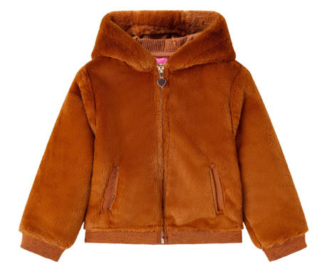 Jachetă cu glugă pentru copii, blană artificială, coniac, 140