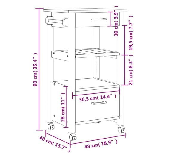 MONZA tömör fenyőfa konyhai kocsi 48 x 40 x 90 cm