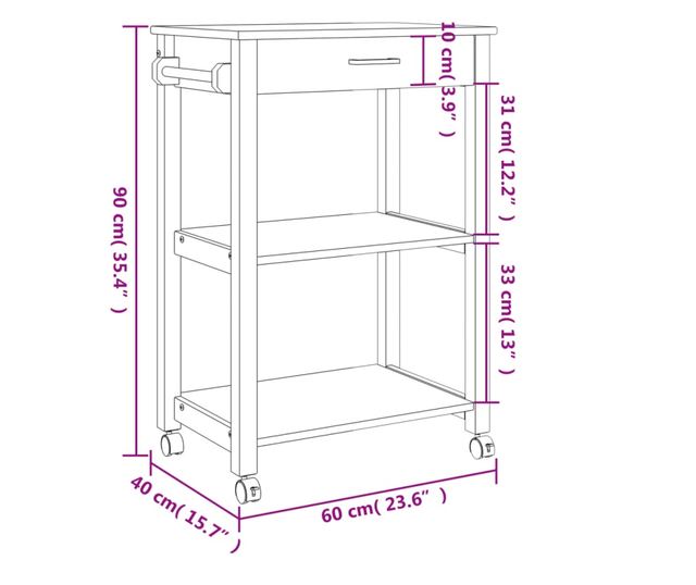 MONZA tömör fenyőfa konyhai kocsi 60 x 40 x 90 cm