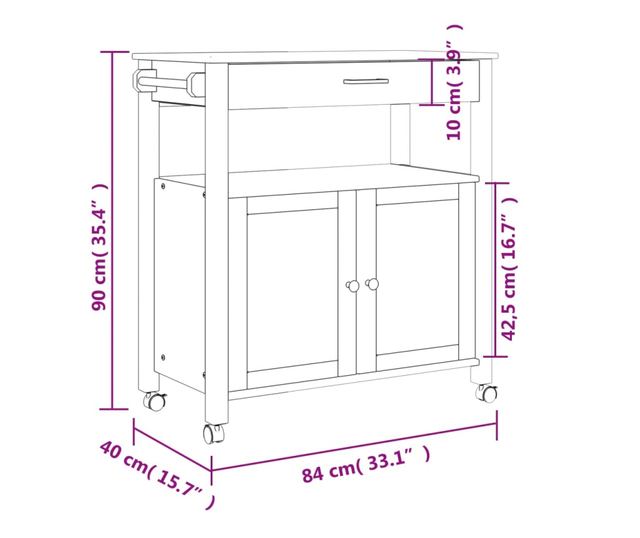 MONZA tömör fenyőfa konyhai kocsi 84 x 40 x 90 cm