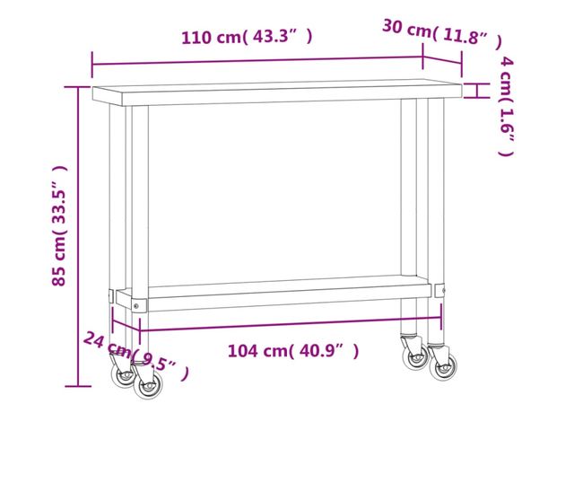 rozsdamentes acél konyhai munkaasztal kerekekkel 110x30x85 cm