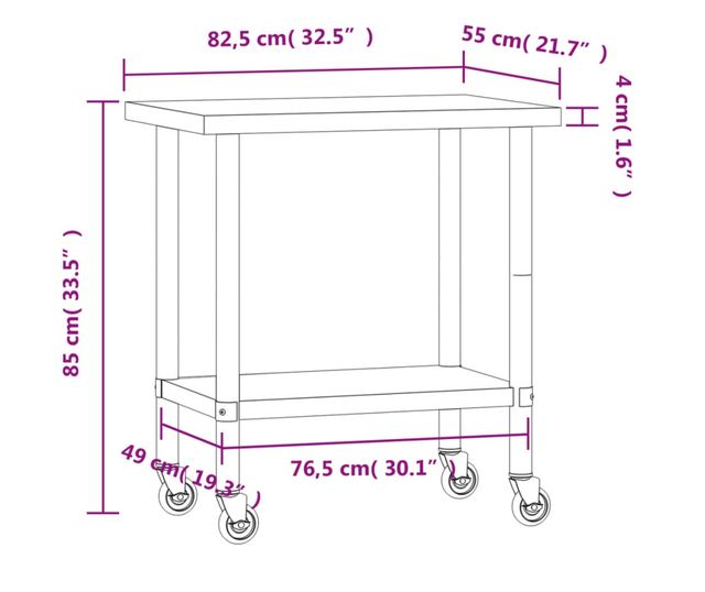 rozsdamentes acél konyhai munkaasztal kerekekkel 82,5x55x85 cm