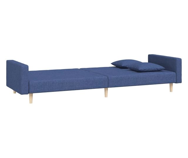 kétszemélyes kék szövet kanapéágy két párnával