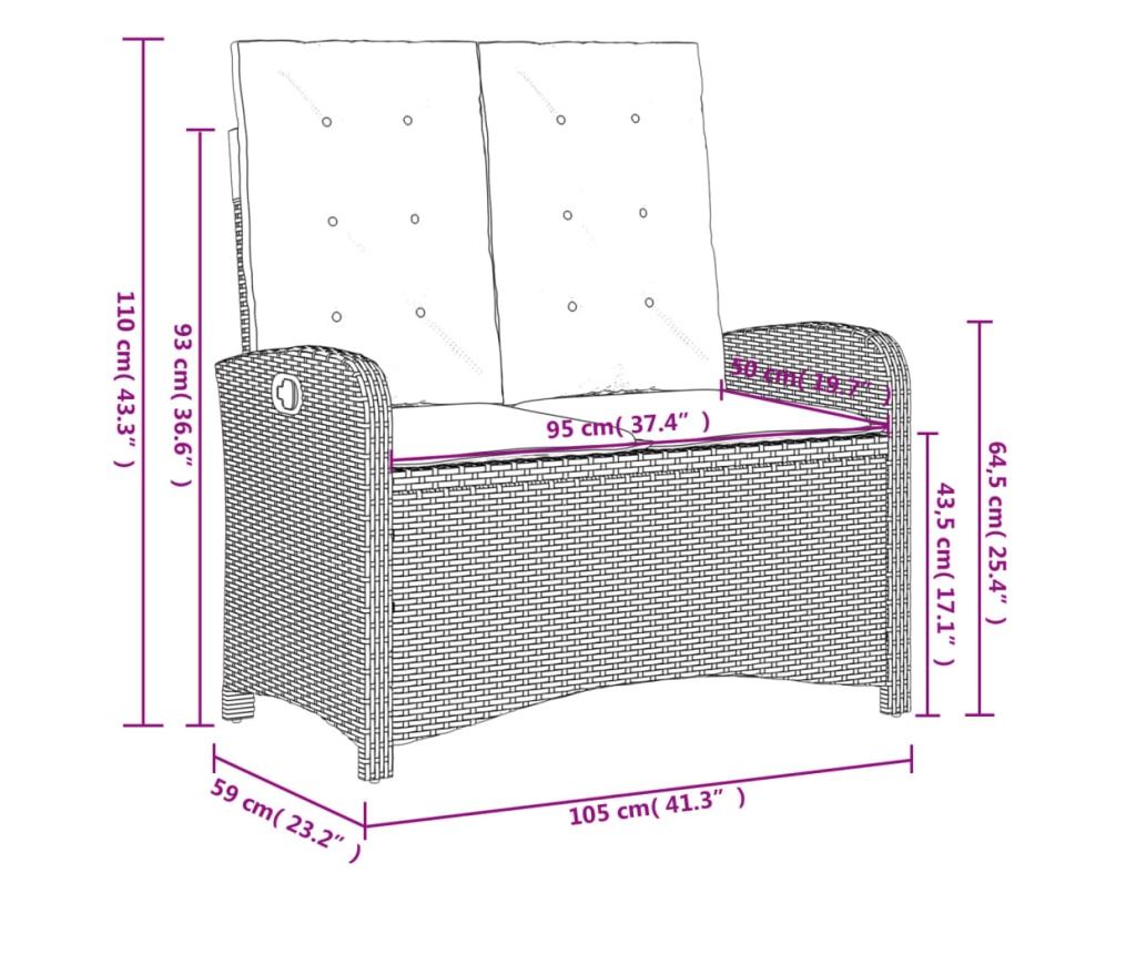 Накланяща се градинска пейка с възглавници черен полиратан - 10