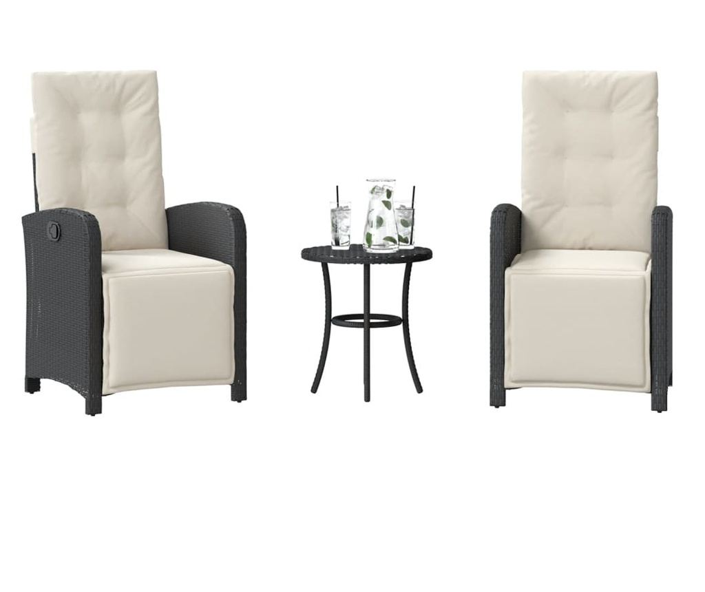 Бистро комплект с възглавници 3 части черен полиратан - 2