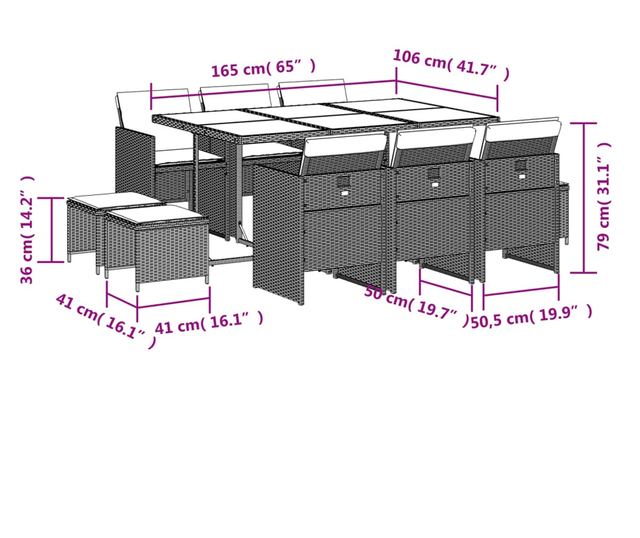 Градински комплект с възглавници 11 части кафяв полиратан